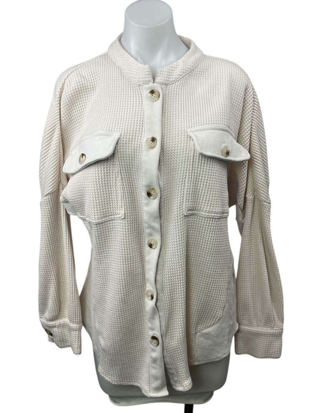 Women's White Waffle Knit Thermal Pocket Long Sleeve Button Down Shirt Top Sz M